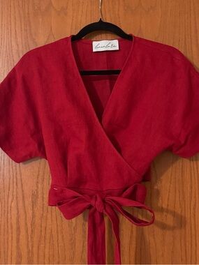 Linenbar Red Wrap Tie-Front Top